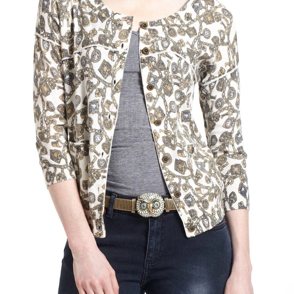 Charlie & Robin Cotton/Cashmere Keys Cardigan Sweater Top Size S ANTHROPOLOGIE
